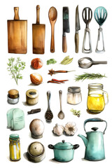 Assorted Cooking Tools and Ingredients on White Background – Ideal for Menu Design, Recipes and Packaging