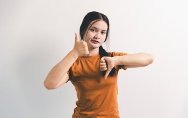 Asian girl expresses dislike, person express negative feeling, concept business complaint from...