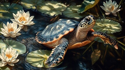 Naklejka premium Turtle swimming lily pads pond serene nature artwork