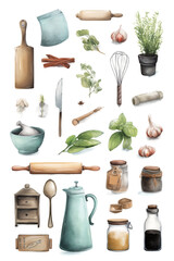 Kitchen Utensils and Cooking Ingredients Isolated on White – Perfect for Cookbooks, Menus and Food Blogs