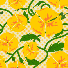 seamless pattern with yellow flowers, green branches with leaves