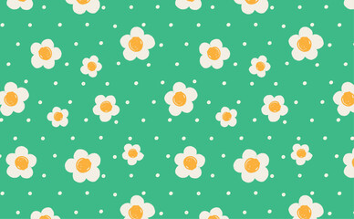 hand drawn daisy summer  seamless pattern on the isolated green background, doodle, textured, decoration  for packaging, clothing, wrapping paper, cover, fabric, wallpaper, vector
