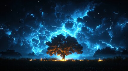 Night storm illuminates lone tree, fireflies, field