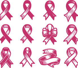 Sketchy Pink Filled Breast Cancer Awareness Ribbon Silhouette Vector On Isolated White Background