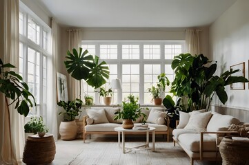 Bright modern space with lush indoor plant and soft neutral furnishings...



