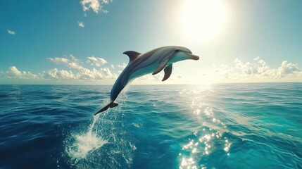 Fototapeta premium A playful dolphin jumping out of the turquoise ocean