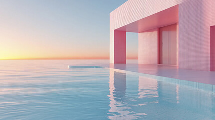 serene architectural scene featuring modern structure with calm water reflection at sunset