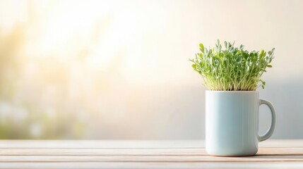Fresh sprouts in a light blue mug on a wooden table, soft natural light