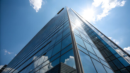 Sharp Low-Angle View of Glass Commercial Tower. Perfect for: World Architecture Day, blue sky skyscraper tours