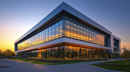 Obraz premium Modern architecture with large glass windows reflecting sunset hues