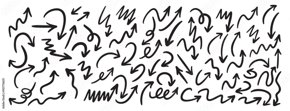 Poster hand drawn vector arrows doodle set on white background. dynamic arrows element