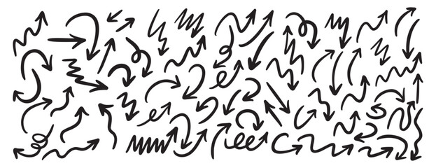 Hand drawn vector arrows doodle set on white background. dynamic arrows element