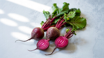 Fresh Beetroots with Green Tops on Light Background