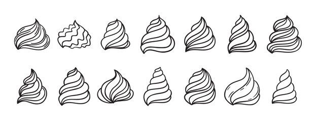 Cream for cakes or for ice cream doodle hand drawn icon set. Outline drawing cream for cakes or for ice cream line clipart symbol collection
