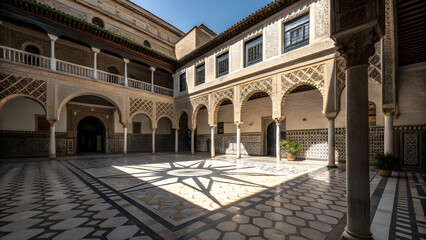 Fototapeta premium Open Courtyard Architecture with Geometric Shadows. Perfect for: Architectural photography contests, geometric shadow tours