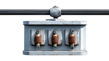 Power Line Connection: A detailed, straight-on shot captures the intricate engineering of a power line connection, emphasizing the industrial design of the metal components.