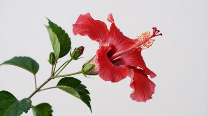 Single Red Hibiscus Flower with Buds and Green Leaves