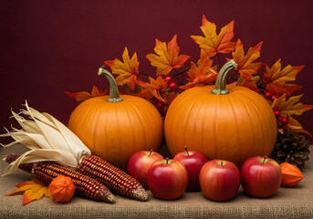 vibrant thanksgiving display featuring pumpkins, corn, apples, and fall foliage, perfect for autumn celebrations and harvest themes.

