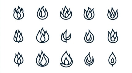 Fire flame icons set, graphic design elements, white background, website design