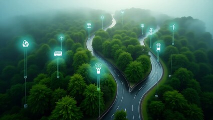 Sustainable Transportation: Smart Road, Electric Vehicles, Renewable Energy, Eco-Friendly Travel, Futuristic Design, Green Technology