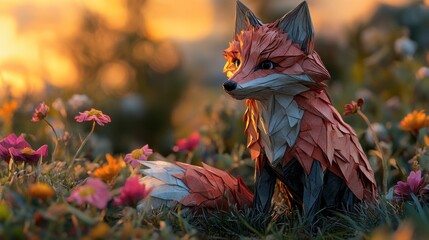 Naklejka premium Low-poly fox sunset meadow floral digital art
