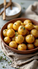 A close-up photo of golden-brown potatoes seasoned with herbs, indicating a Mediterranean diet meal or recipe.