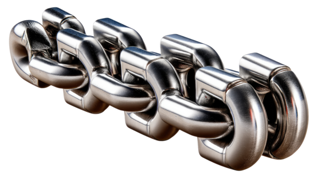 Shiny Steel Chain: A close-up shot of a gleaming steel chain, showcasing its robust links and intricate design, suggesting strength, connection, and security.