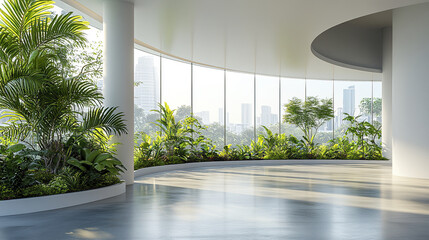 Obraz premium modern office space featuring large windows, lush greenery, and curved design, creating serene