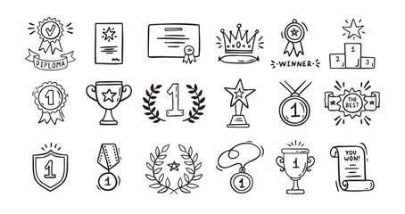Awards doodle, trophy cups, first place medals and diploma set. Hand drawn champion trophy cup and gold medal. Drawing award decorative isolated icons. 