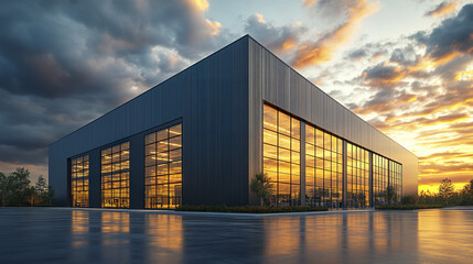 Fototapeta premium modern warehouse with large glass windows reflecting vibrant sunset