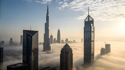 Morning Mist Cityscape with Emerging Skyscraper Silhouettes. Perfect for: Misty morning photography festivals, urban silhouette captures