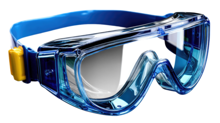 Safety Glasses Close-up: A detailed shot of modern safety glasses, featuring clear lenses, a comfortable strap, and a focus on protection, health, and workplace safety.