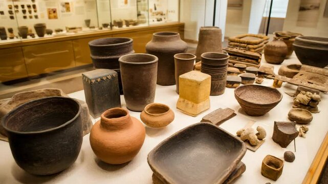 Ceramic pottery display featuring vases, bowls, pots, and artifacts in museum exhibit on linen cloth covered table surface.