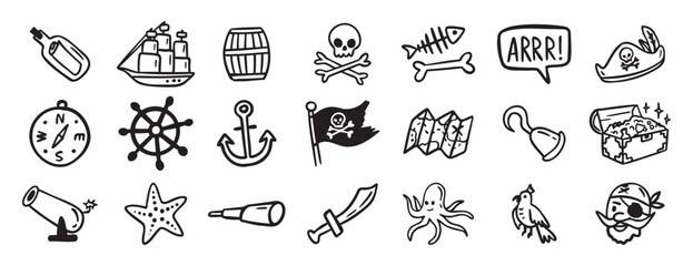 pirate adventure and sea elements. ship, coins, bottle, anchor doodle hand drawn icon set. Outline drawing pirate sea adventure line clipart symbol collection © Yanka