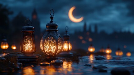Fototapeta premium Night lanterns, crescent moon, city, riverbank, Ramadan