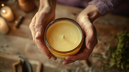 Hands Holding a Scented Candle in a Jar