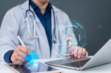 Fototapeta premium Healthcare technology innovation showing digital medical consultation, AI diagnosis, and smart health system for future patient care and telemedicine services.