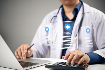 Health insurance digital service showing doctor managing medical insurance claims, healthcare...