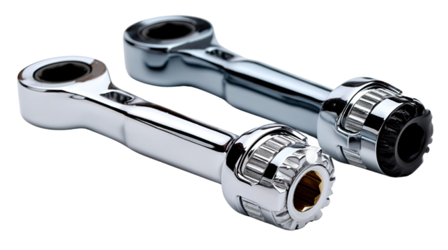 Chrome Ratchet Wrenches: A close-up shot showcases two chrome ratchet wrenches, their sleek design and metallic sheen gleaming under the light.