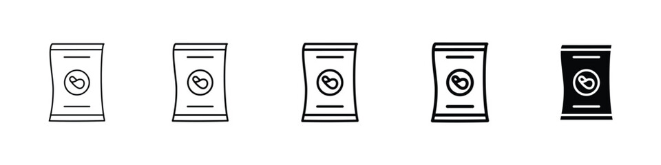 Set of 5 pixel perfect Potato chips Snacks bag icon with 1 unexpanded, 1 silhouette, A fun snack bag illustration filled with potato chips representing fast food and snacks