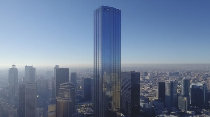 Fototapeta premium modern skyscraper towers over bustling city skyline, reflecting clear blue sky