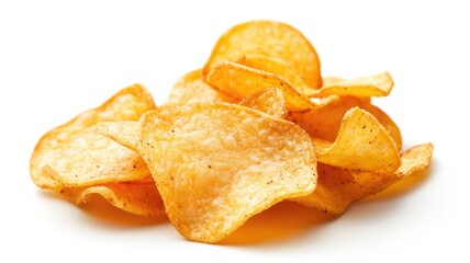 Golden Potato Chips Pile on White Surface.