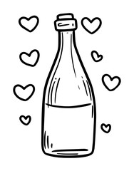 hand drawn bottle with hearts black and white vector