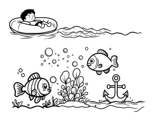 hand drawn summer scene with swimming child fish plants and anchor black and white vector