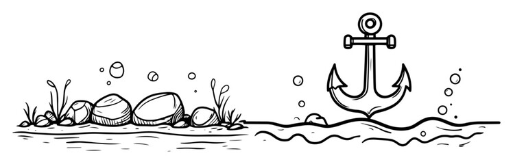 hand drawn underwater stones and anchor black and white vector