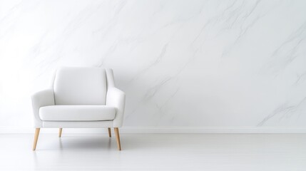 White Armchair Minimalist Design Bright Lighting Front View Clean Lines Peaceful Relaxation Marble Wall Background Neutral Tones Home Decor Catalog