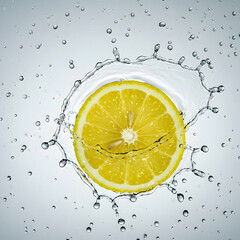 A vibrant lemon slice surrounded by a splash of water droplets against a light background scene view