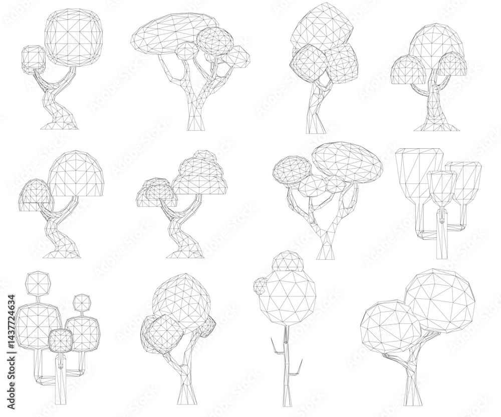 Poster a series of trees are drawn in black and white. the trees are of various sizes and shapes, with some