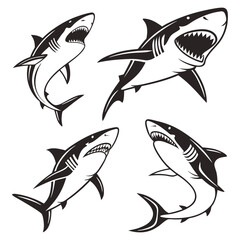 "Dynamic Shark Silhouette Collection Featuring Great White, Hammerhead, and Ocean Wildlife Scenes Vector Illustration"