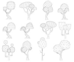 A series of trees are drawn in black and white. The trees are of various sizes and shapes, with some being tall and thin, while others are short and stout. The trees are arranged in a grid pattern